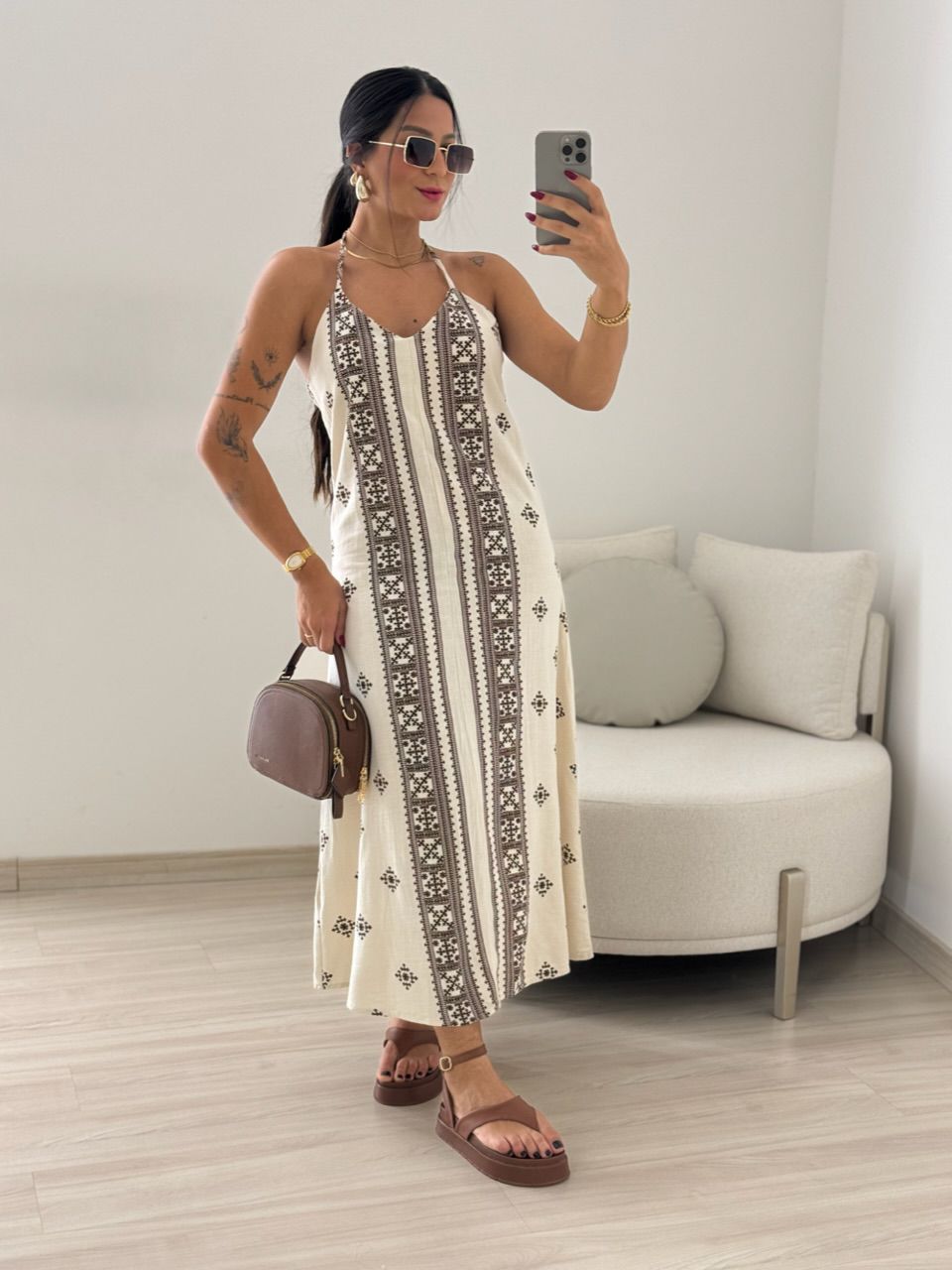 VESTIDO KARLA LINHO ÉTNICO MARROM