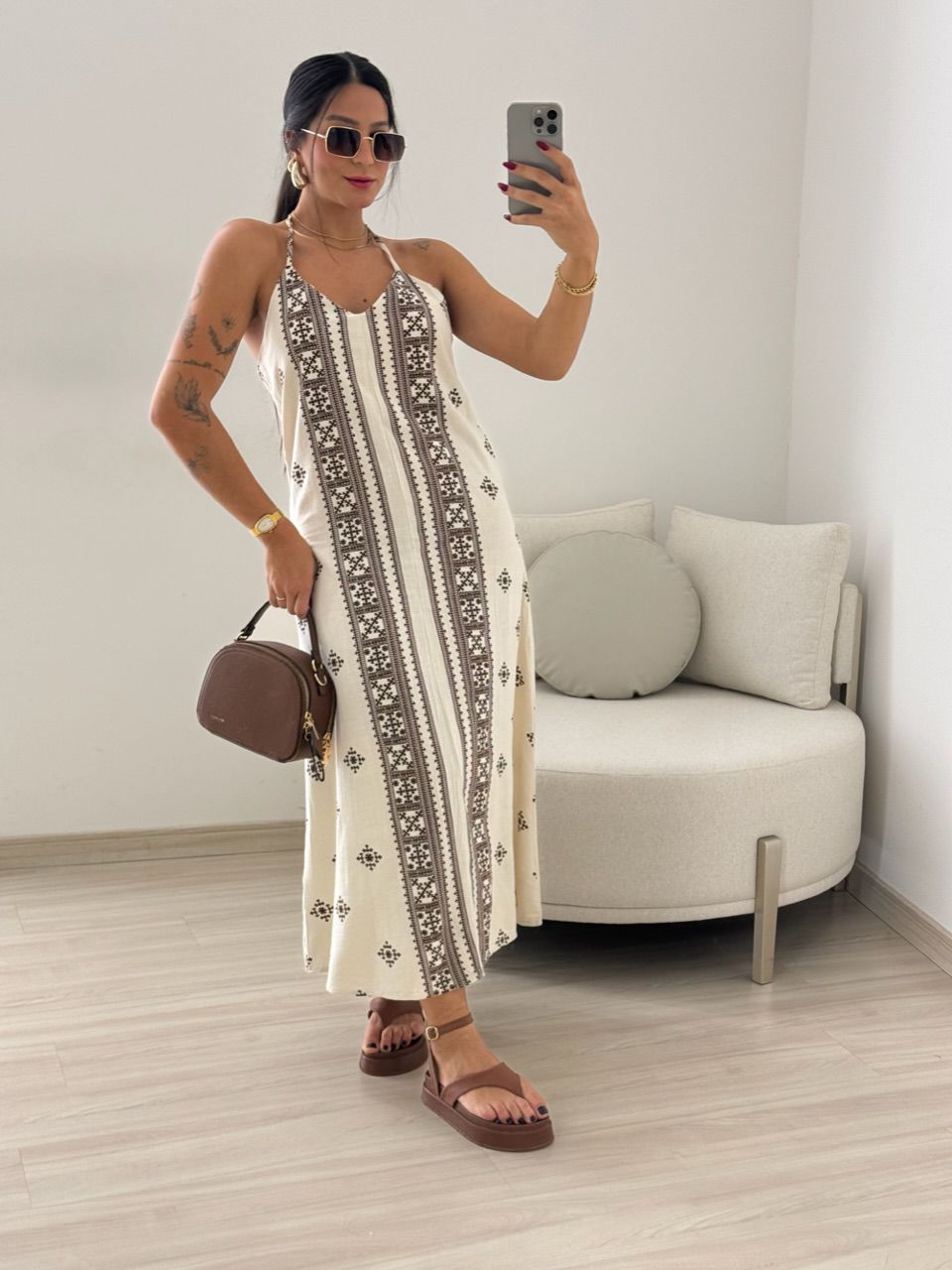 VESTIDO KARLA LINHO ÉTNICO MARROM