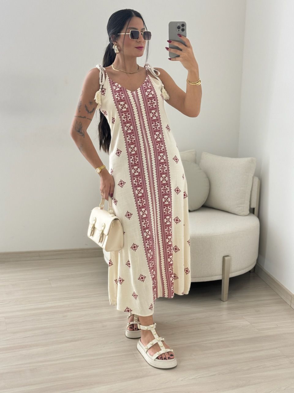 VESTIDO KARLA LINHO ÉTNICO VERMELHO