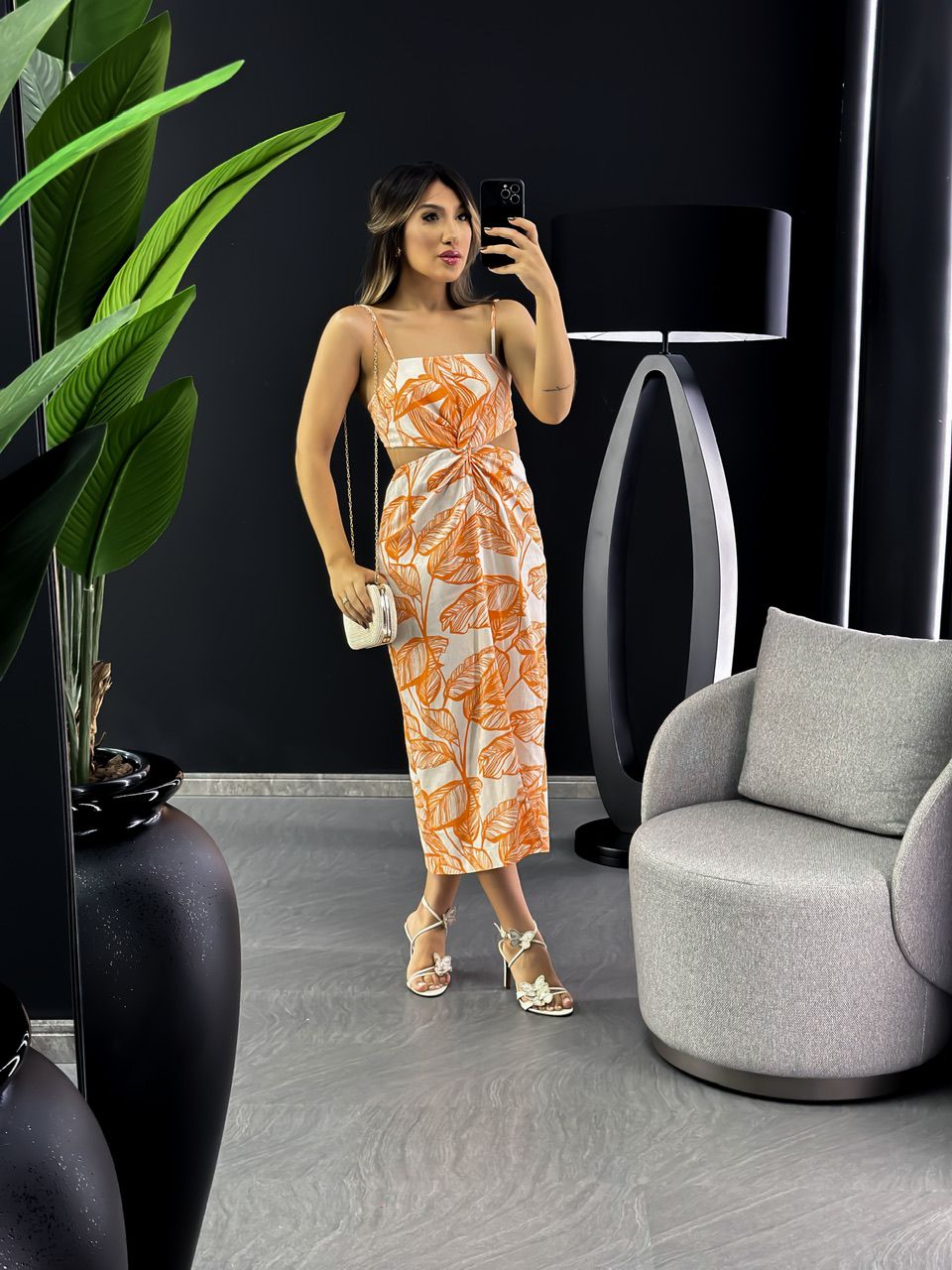 VESTIDO FOLHAS MIDI LARANJA - 0045550068 - CAROLLA FERRARO