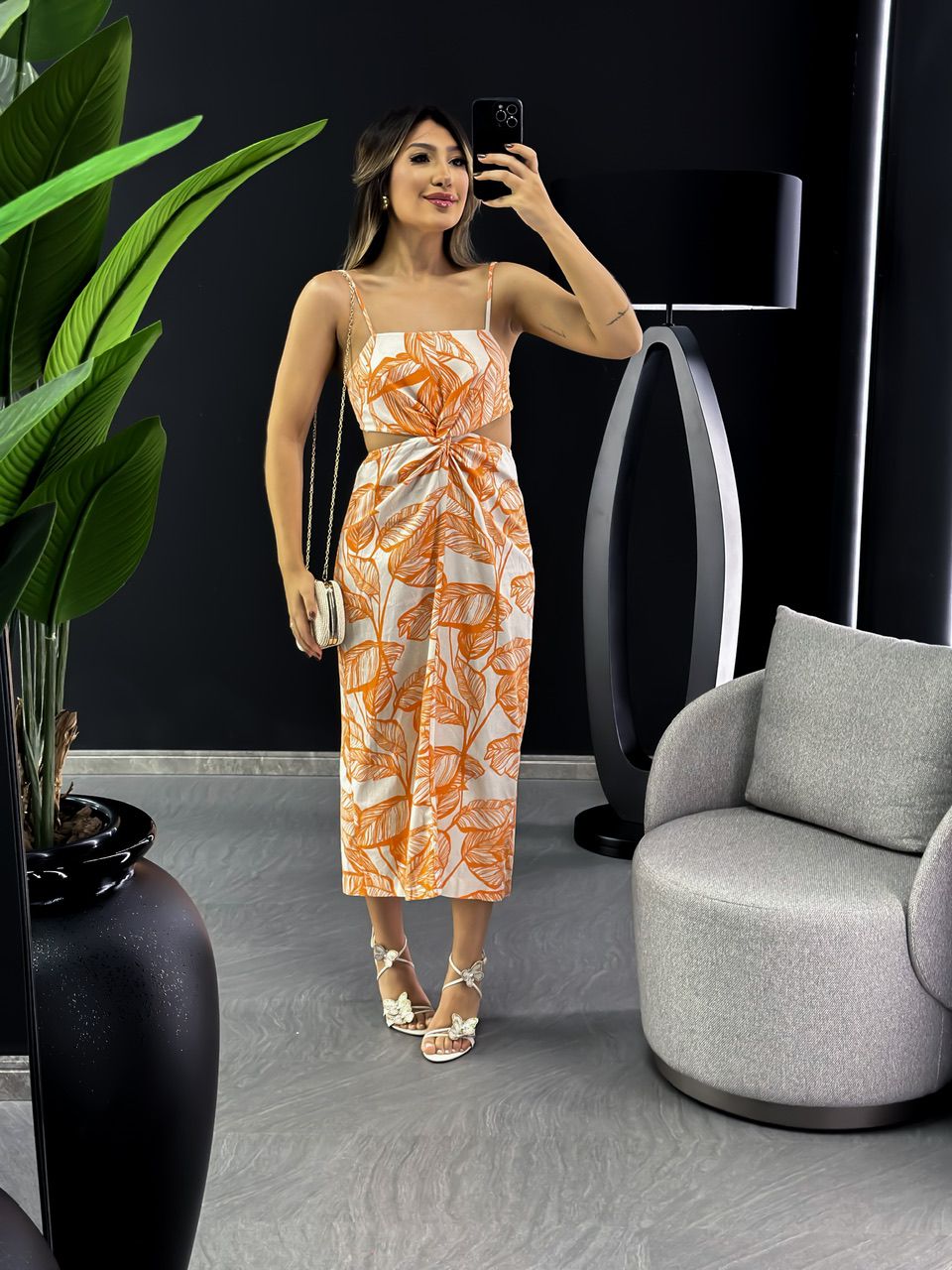 VESTIDO FOLHAS MIDI LARANJA