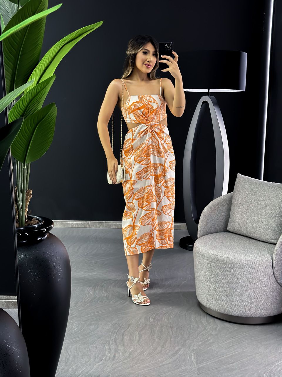 VESTIDO FOLHAS MIDI LARANJA