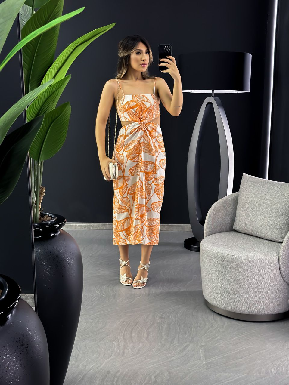 VESTIDO FOLHAS MIDI LARANJA