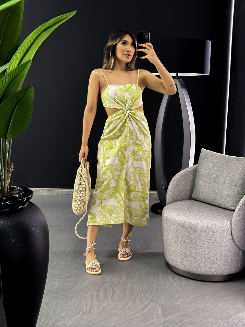 VESTIDO FOLHAS MIDI LIMA