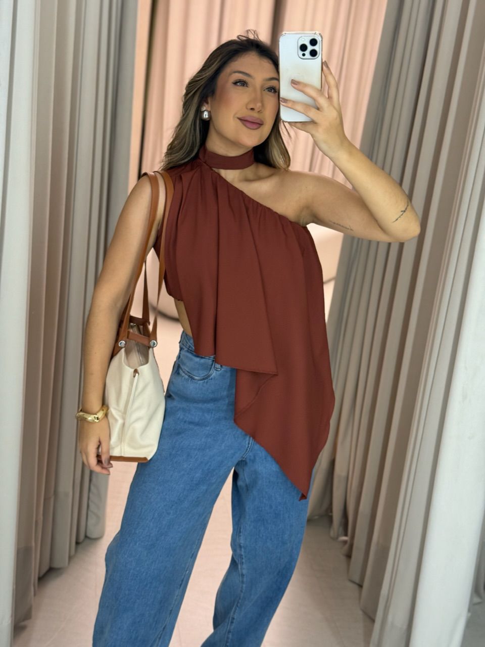 BLUSA ZOE GOLA ASSIMÉTRICA TELHA