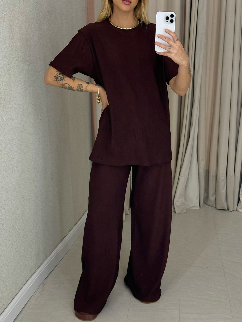 CONJUNTO IRENE BLUSA CALÇA MARROM - 0064470054 - CAROLLA FERRARO