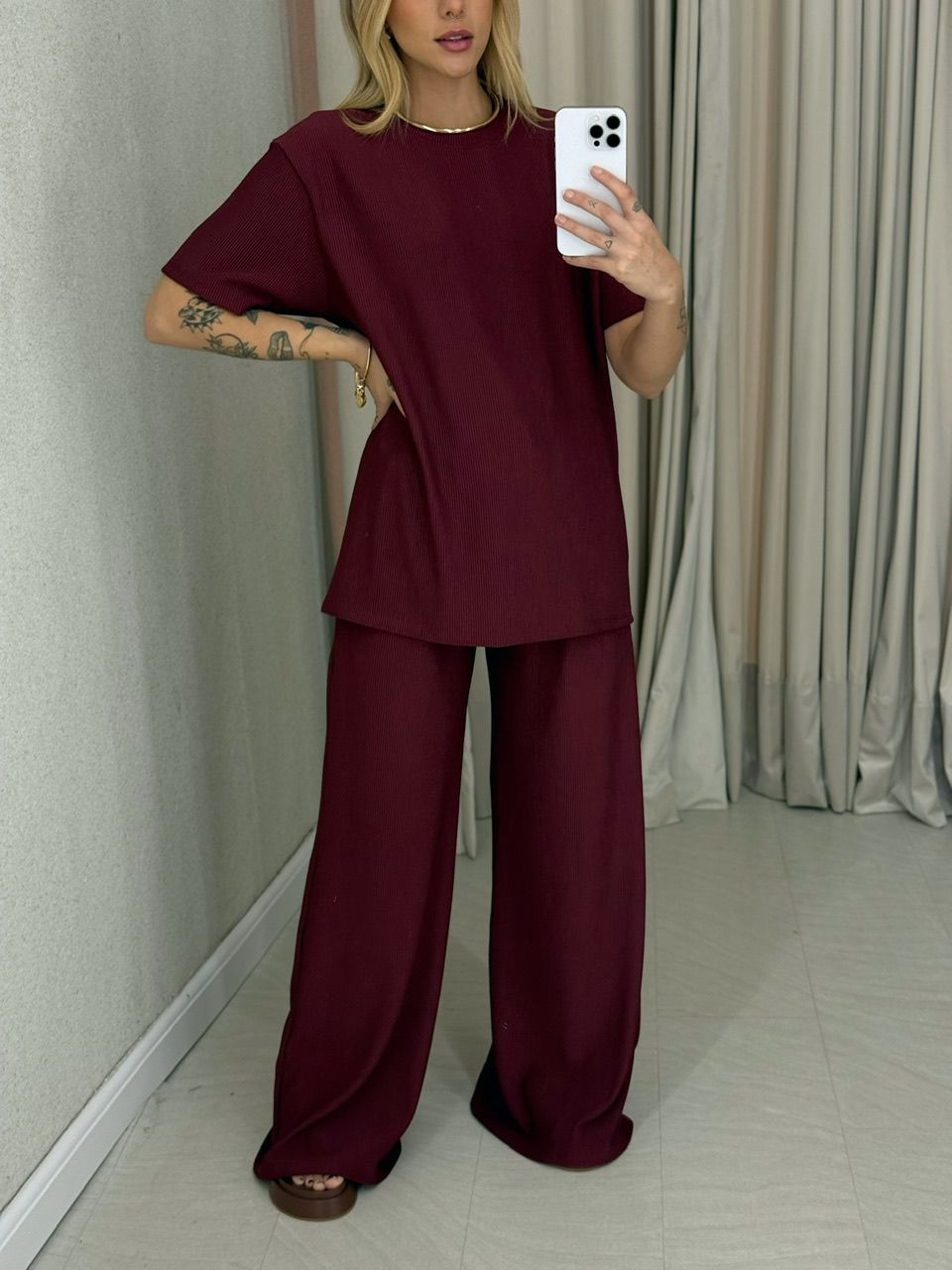 CONJUNTO IRENE BLUSA CALÇA VINHO