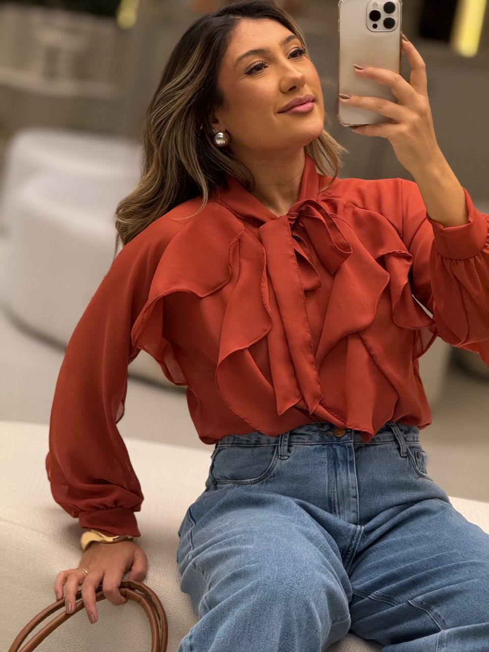BLUSA ANITA BABADOS TELHA - 0064460180 - CAROLLA FERRARO