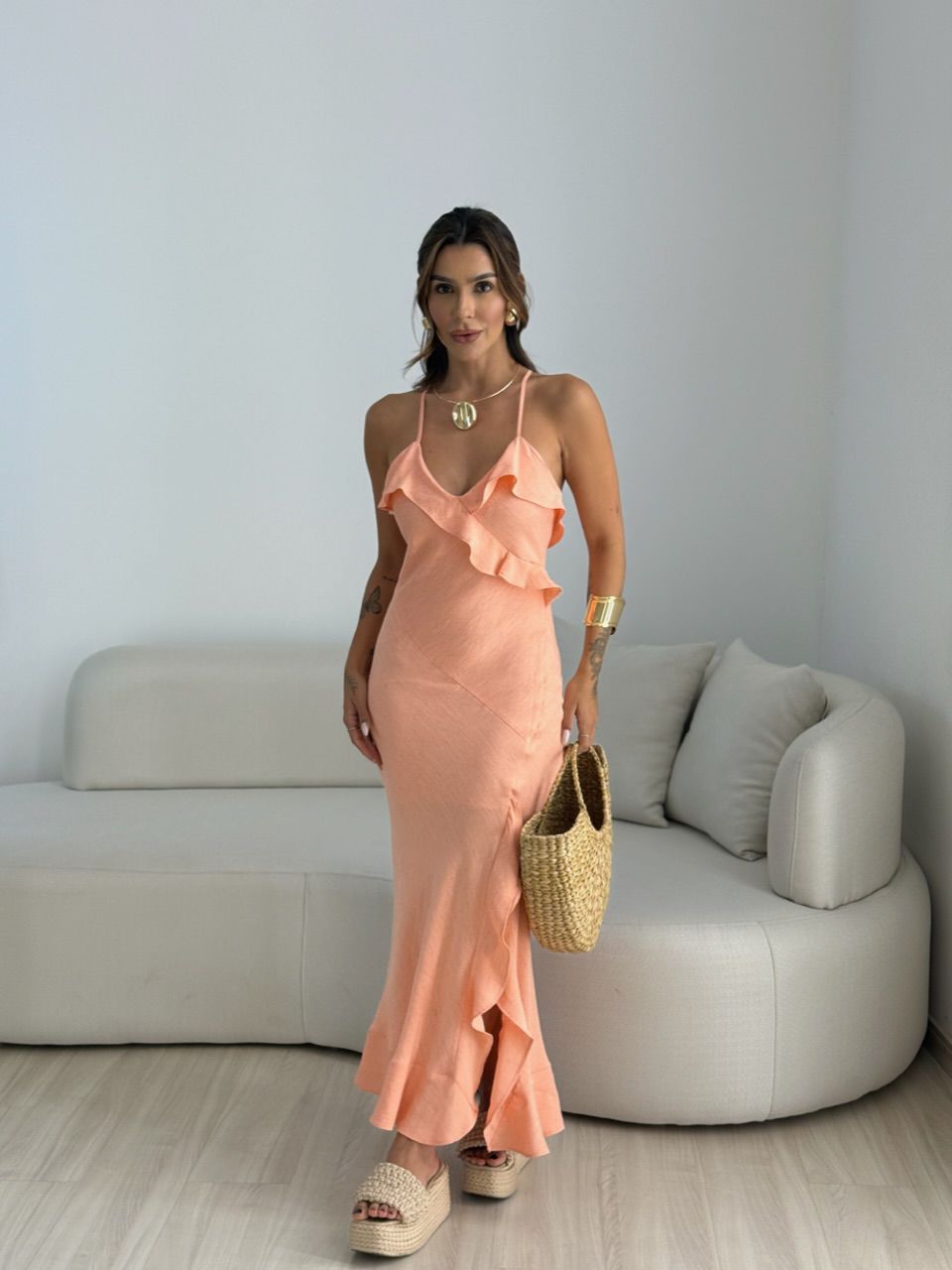 VESTIDO ANALU LONGUETE PÊSSEGO - 0067940039 - CAROLLA FERRARO