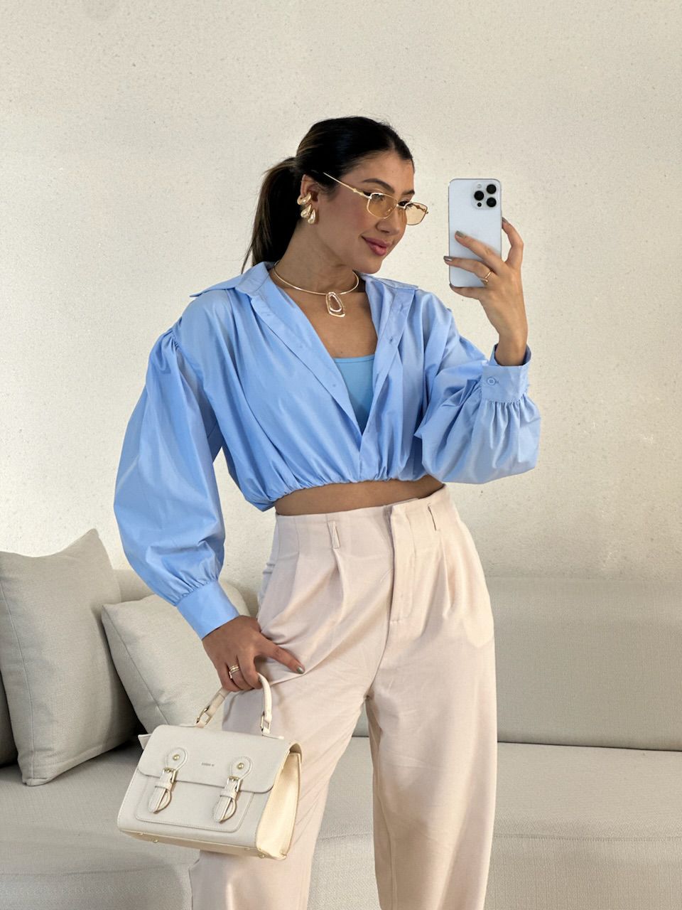 CAMISA CROPPED AYLA azul - 0056540109 - CAROLLA FERRARO