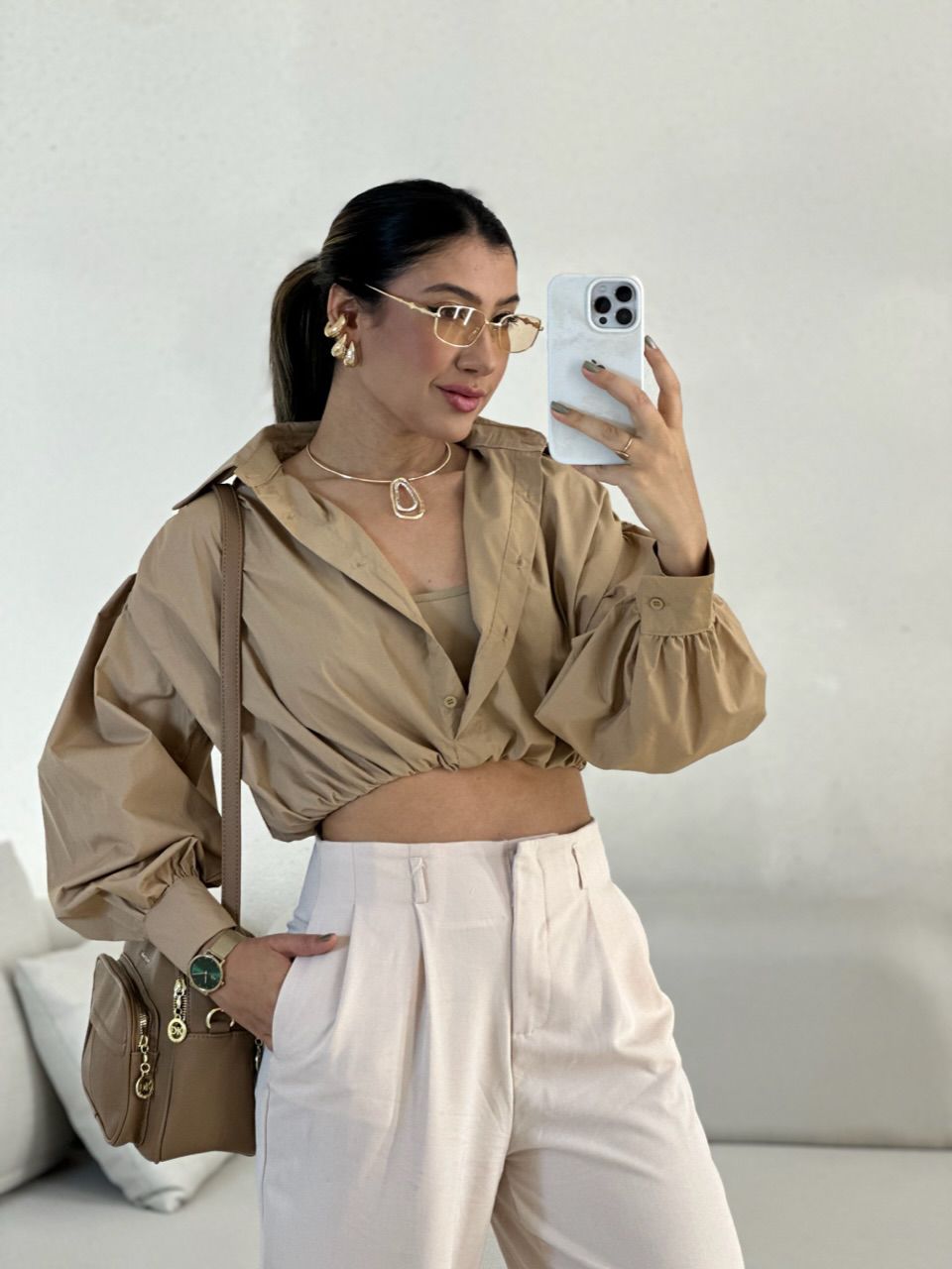 CAMISA CROPPED AYLA Nude - 0056540049 - CAROLLA FERRARO