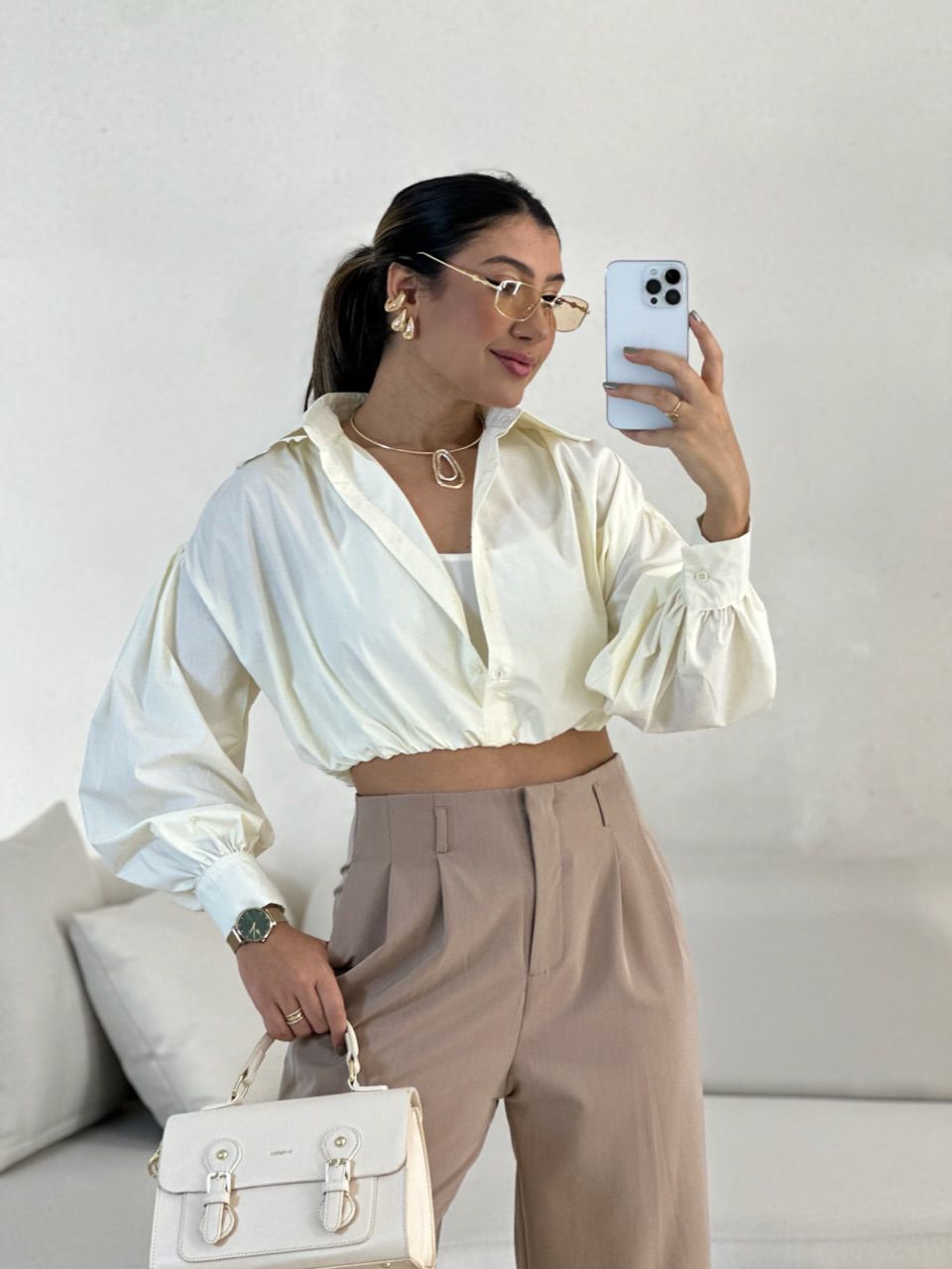 CAMISA CROPPED AYLA Marfim - 0056540056 - CAROLLA FERRARO