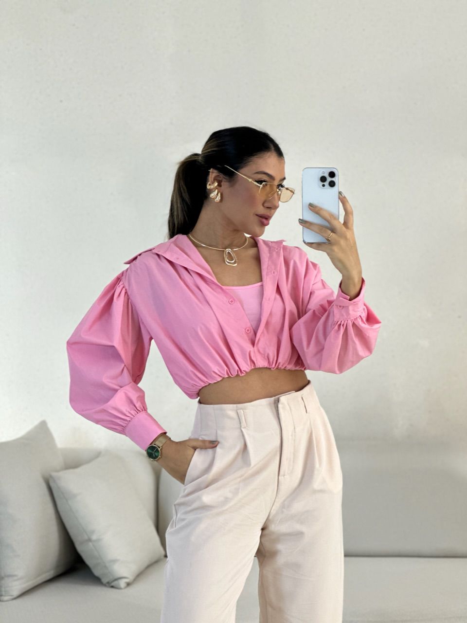 CAMISA CROPPED AYLA Rosa - 0056540031 - CAROLLA FERRARO