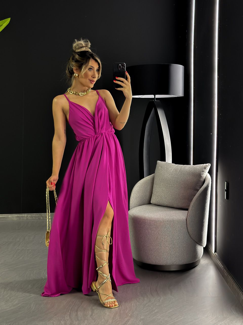 VESTIDO ALÇA NÓ LONGO FUCSIA - 0046510120 - CAROLLA FERRARO