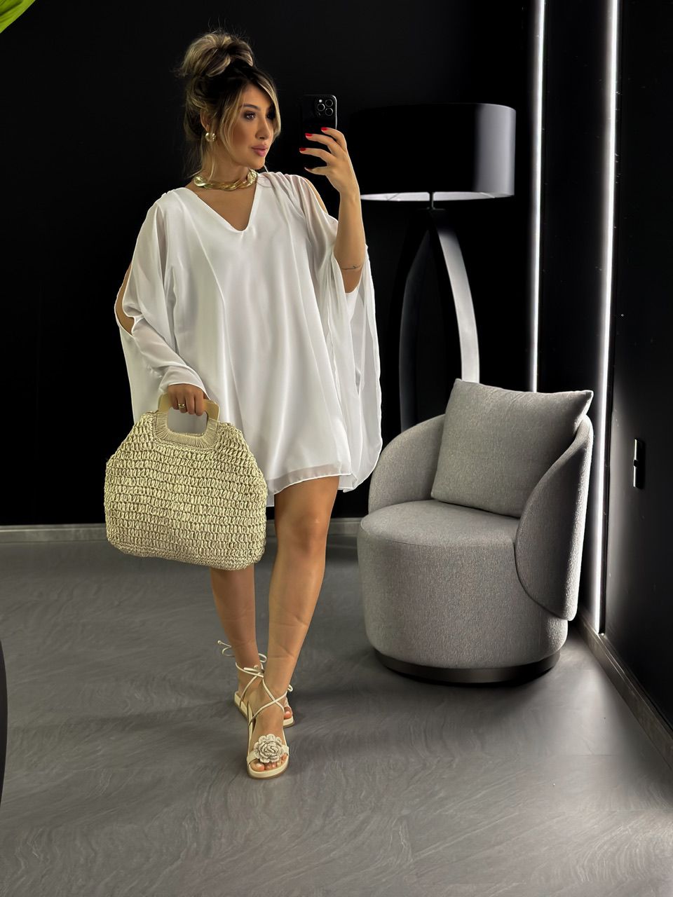 VESTIDO MANGA ABERTA CHIFFON OFF