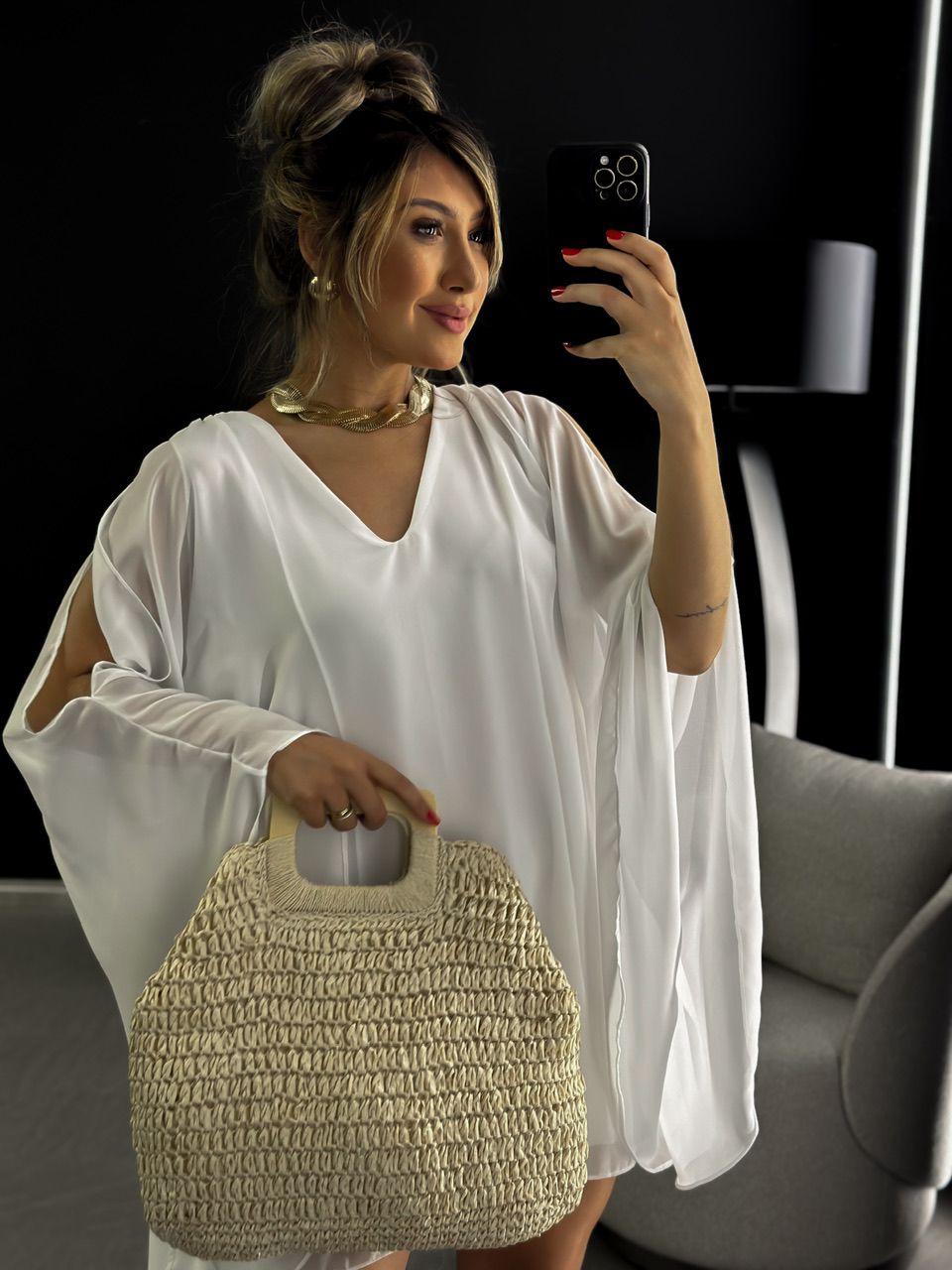 VESTIDO MANGA ABERTA CHIFFON OFF