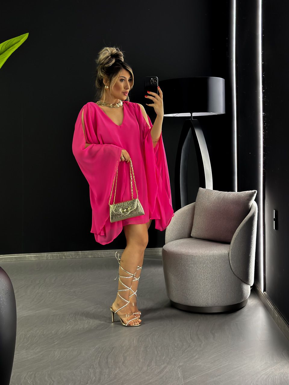 VESTIDO MANGA ABERTA CHIFFON ROSA