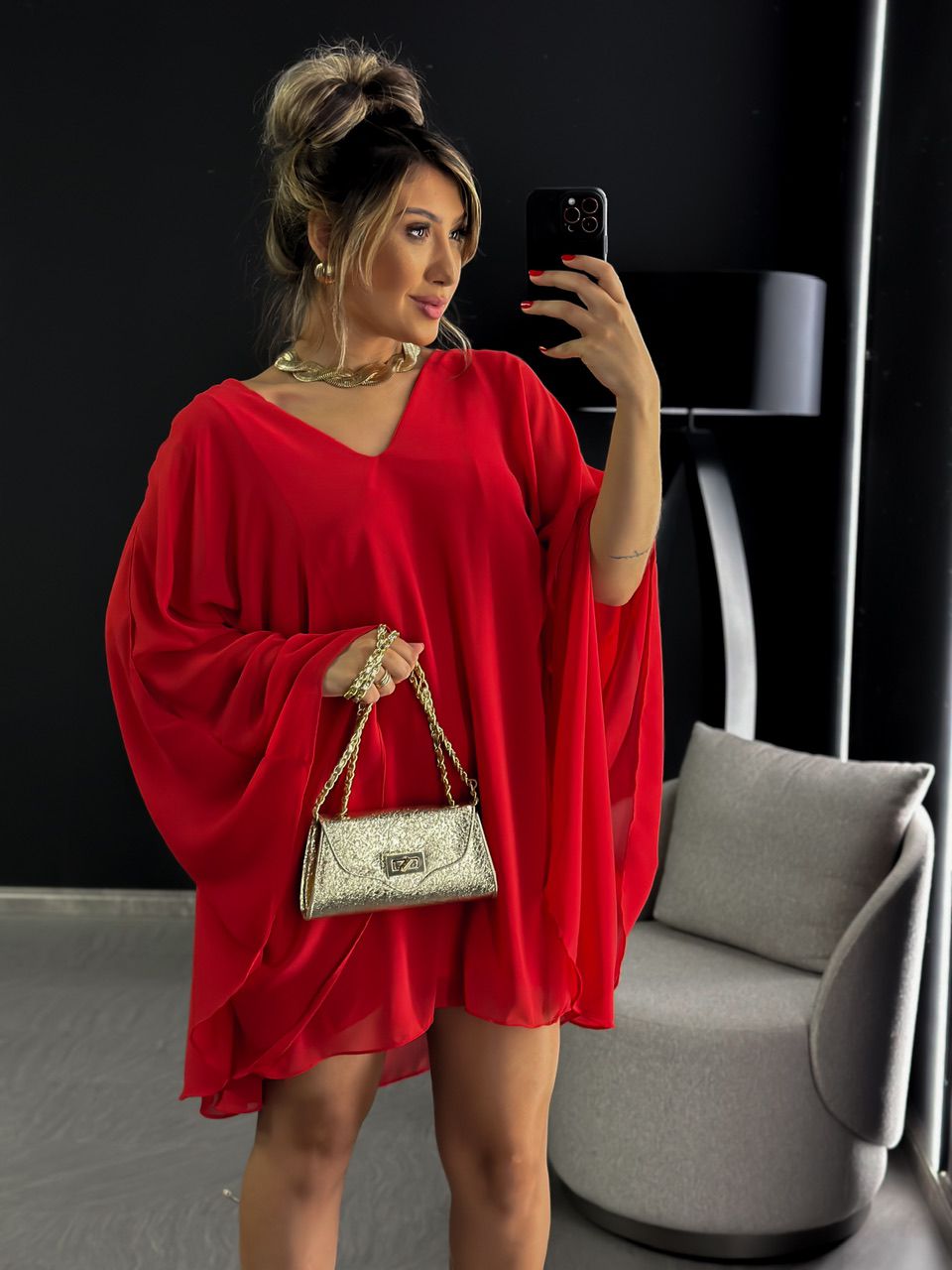 VESTIDO MANGA ABERTA CHIFFON VERMELHO