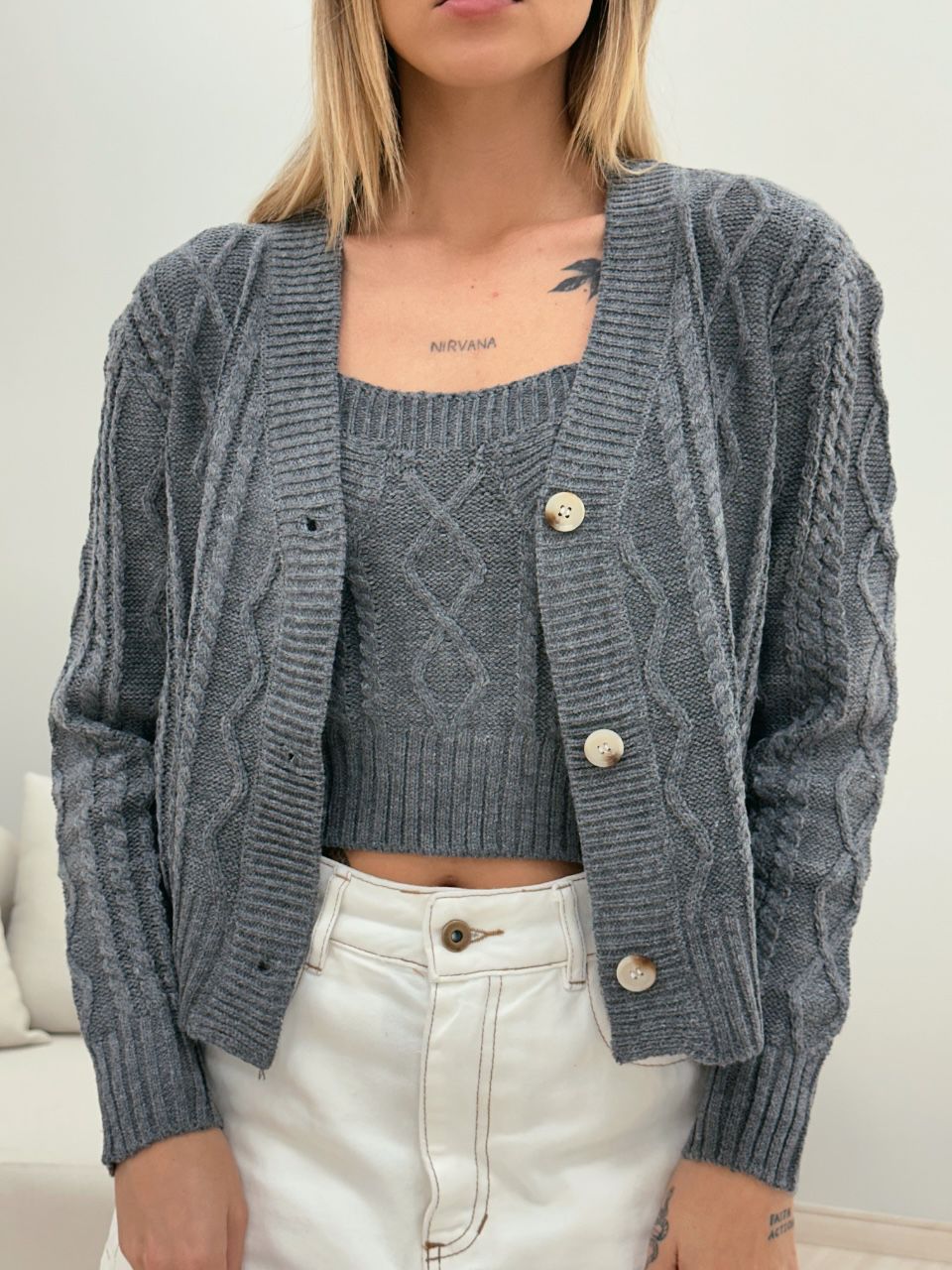 CONJUNTO LAÍS TOP CARDIGAN CINZA - 0048960091 - CAROLLA FERRARO