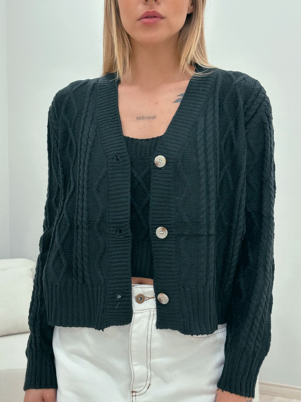 CONJUNTO LAÍS TOP CARDIGAN PRETO - 0048960032 - CAROLLA FERRARO