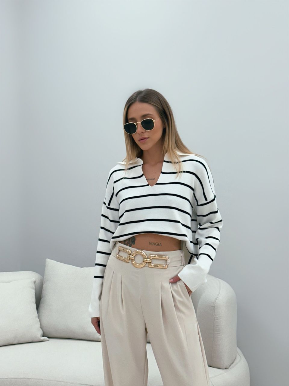 SUÉTER TRICOT LISTRADO BRANCO/PRETO - 0048930325 - CAROLLA FERRARO