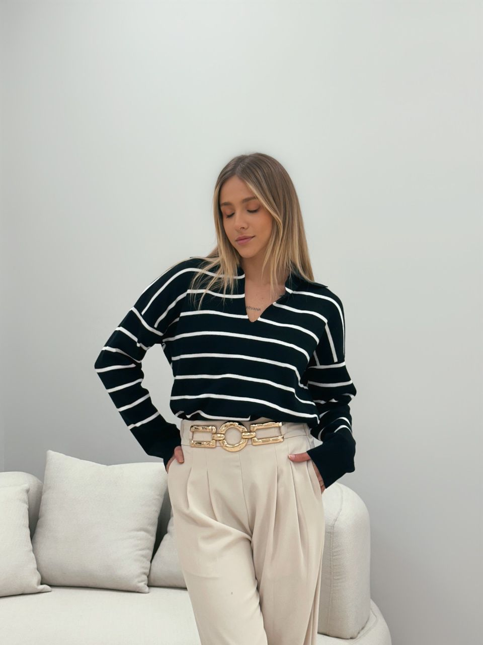 SUÉTER TRICOT LISTRADO PRETO/BRANCO