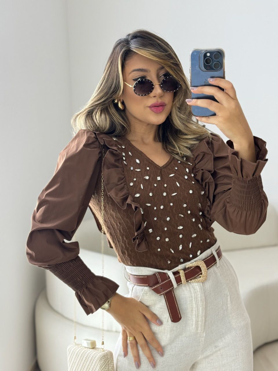 TRICOT BABADO PEDRARIA MARROM - 0049930054 - CAROLLA FERRARO