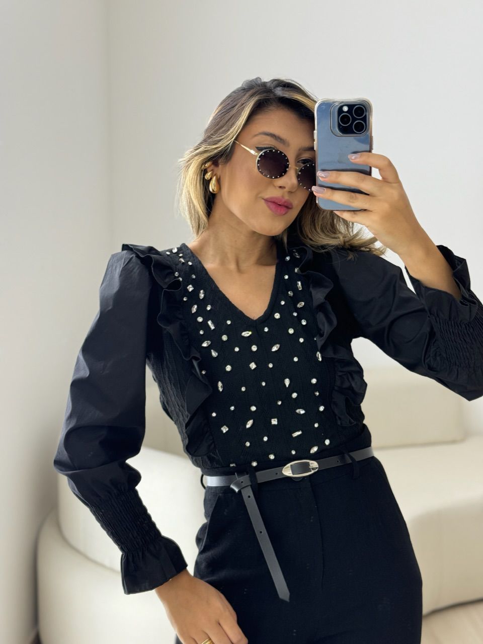 TRICOT BABADO PEDRARIA PRETO