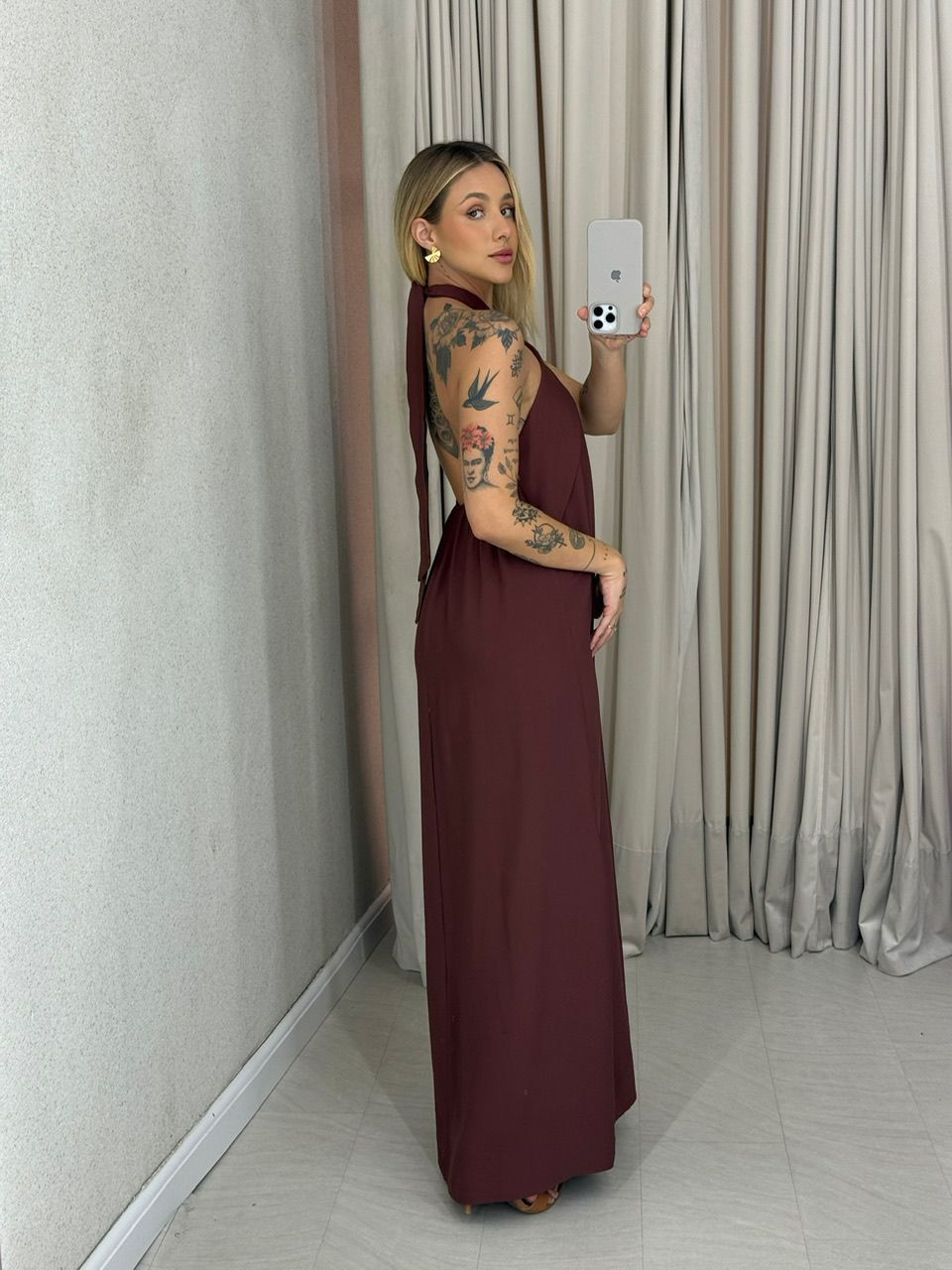 VESTIDO DAMARIS COSTAS ABERTAS MARROM