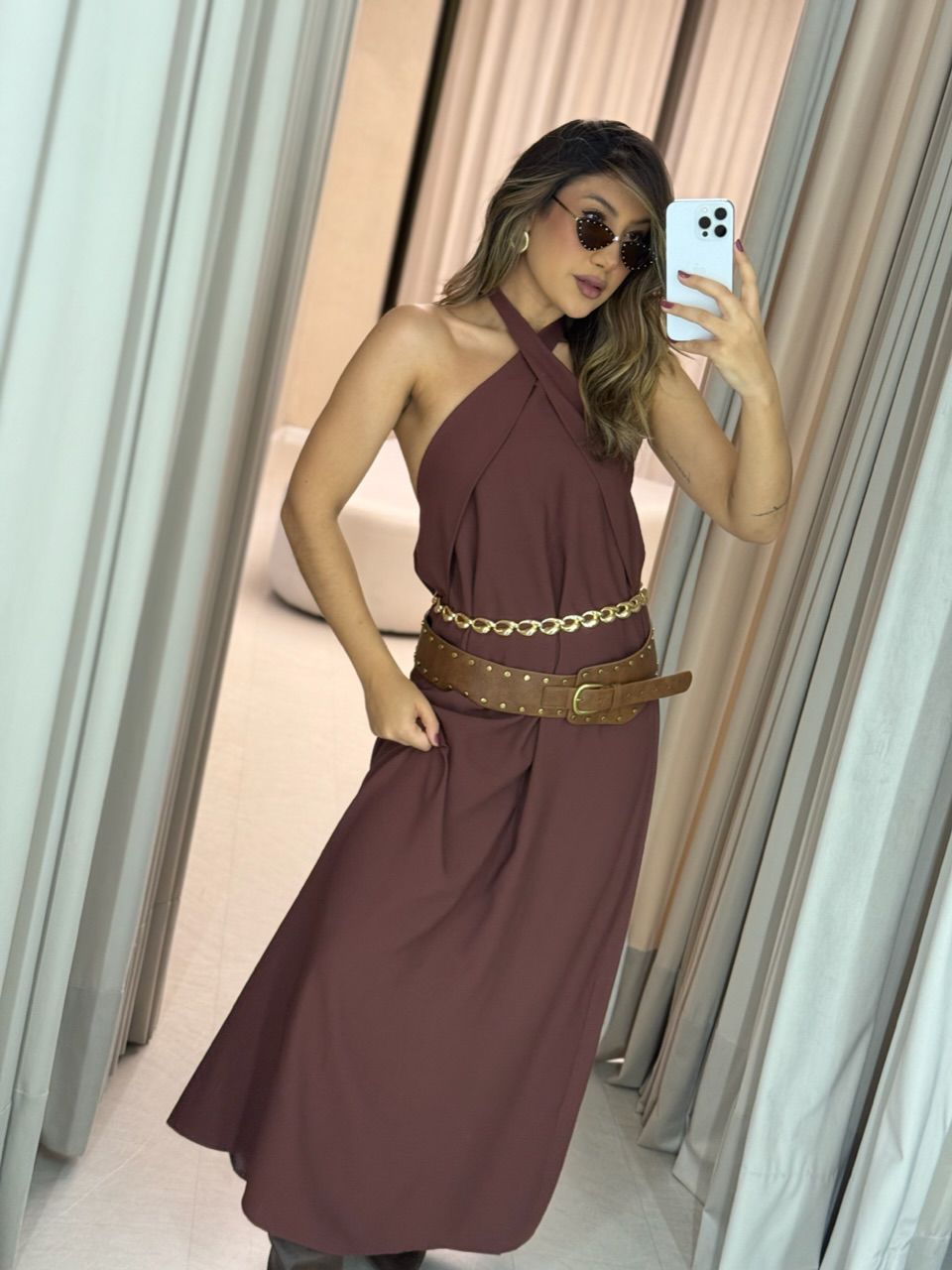 VESTIDO DAMARIS COSTAS ABERTAS MARROM