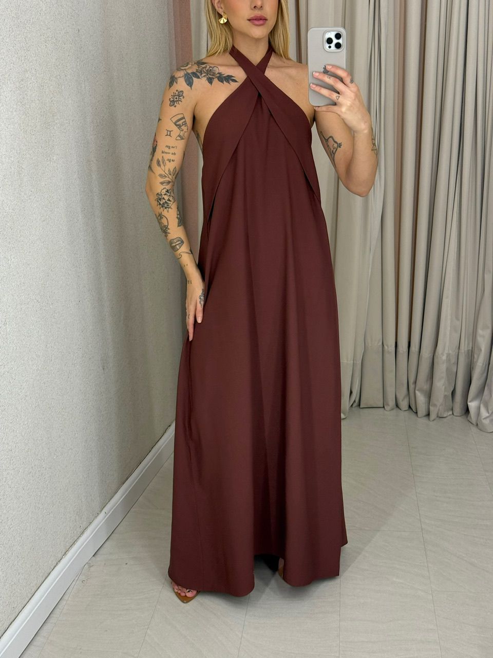 VESTIDO DAMARIS COSTAS ABERTAS MARROM