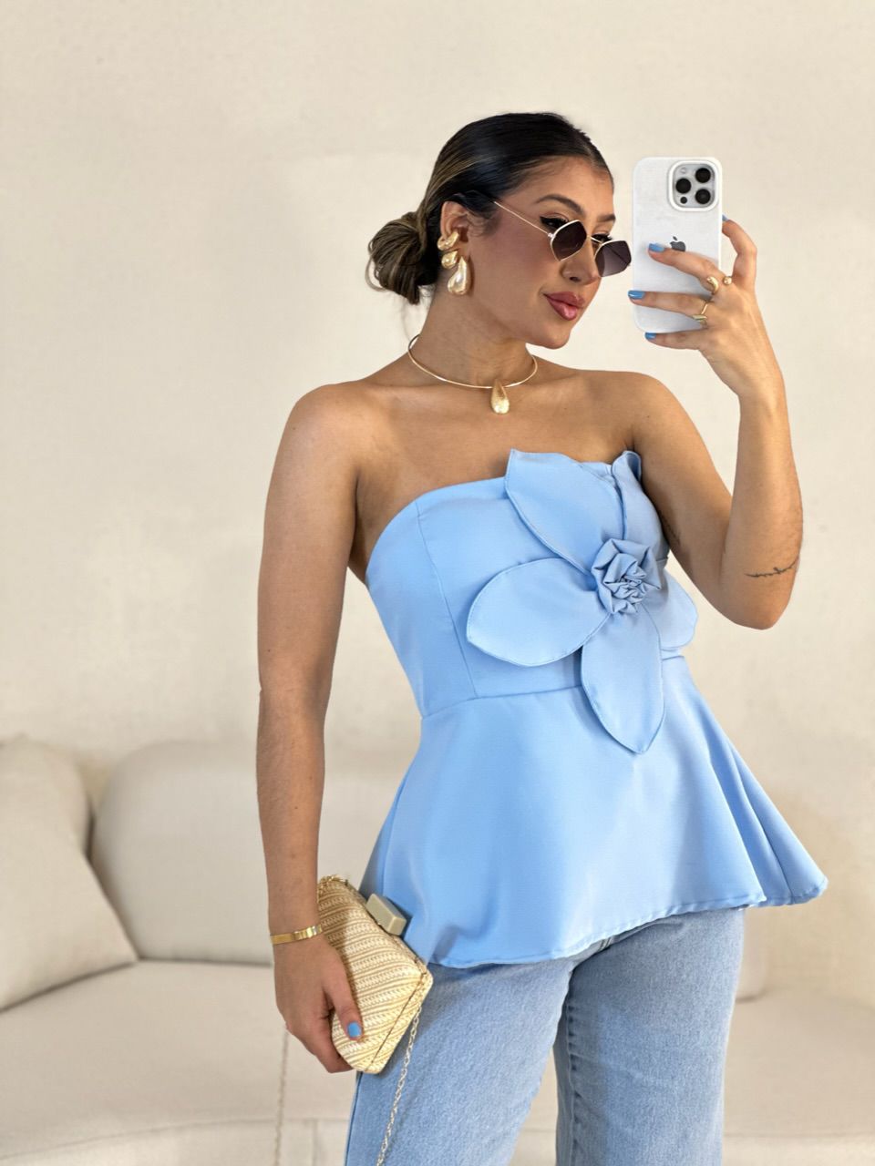 BLUSA FERNANDA FLOR TOMARA QUE CAIA BABY BLUE - 00... - CAROLLA FERRARO