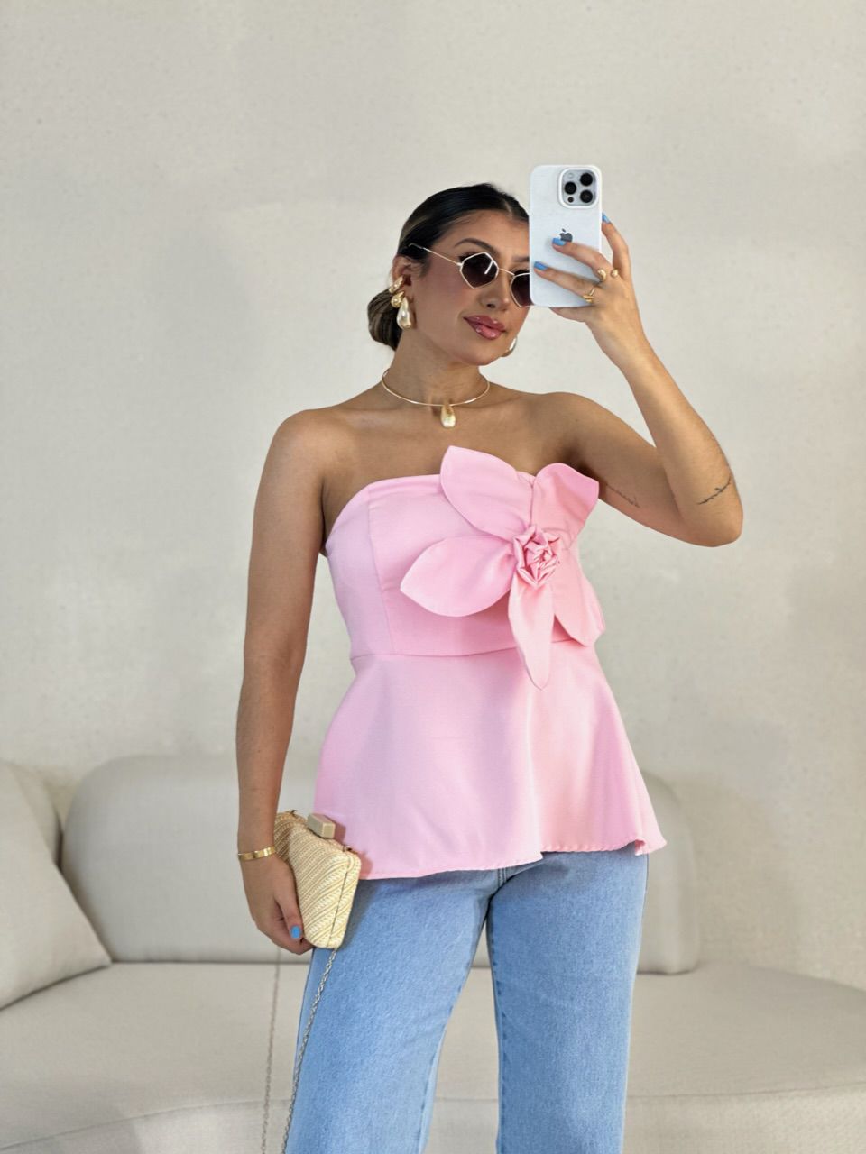 BLUSA FERNANDA FLOR TOMARA QUE CAIA BABY PINK - 00... - CAROLLA FERRARO