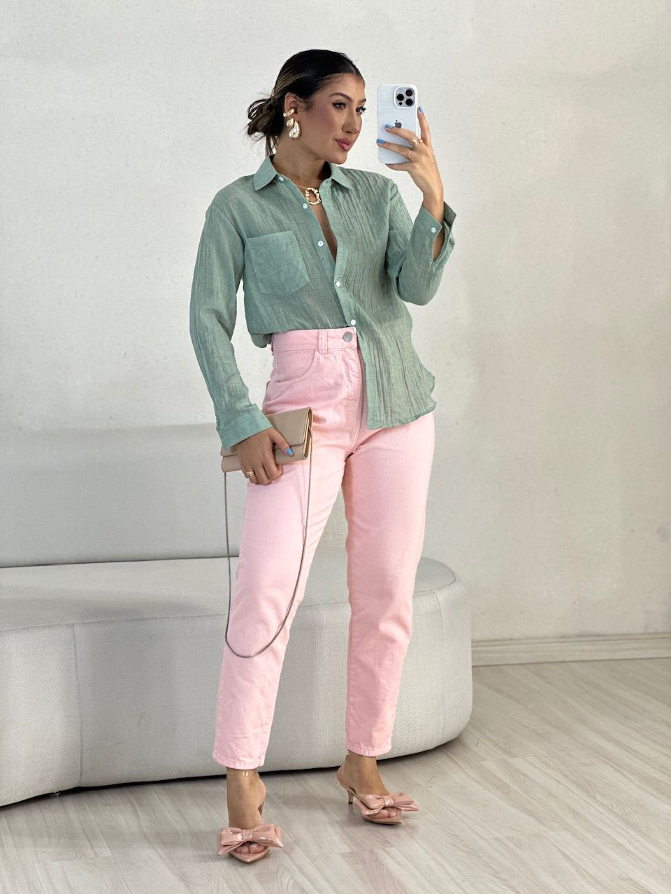 CAMISA DENISE LISA VERDE CHÁ - 0055650373 - CAROLLA FERRARO