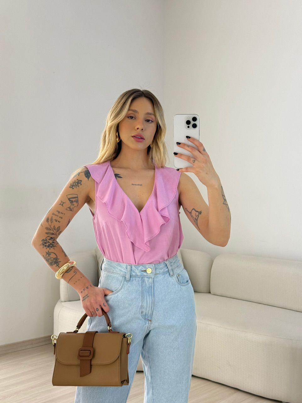 BLUSA LANA BABADO ROSA CHICLETE - 0067970119 - CAROLLA FERRARO