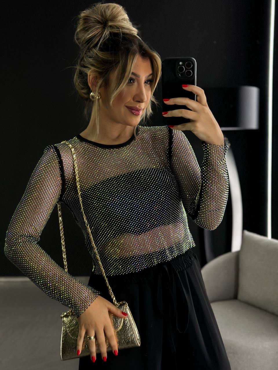 BLUSA SEGUNDA PELE BRILHO PRETA