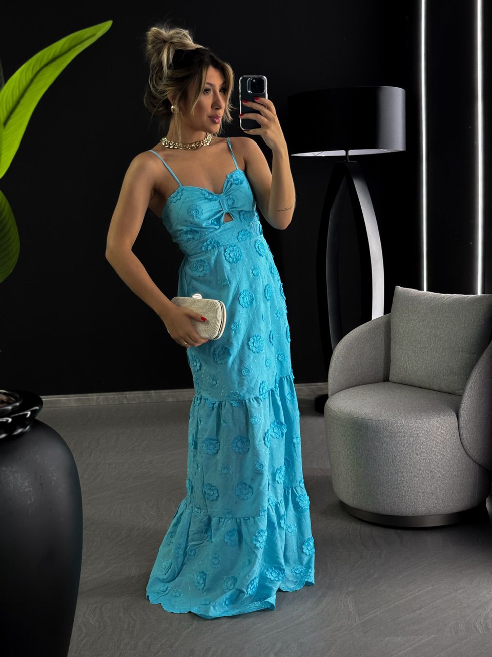 VESTIDO RENDA ALÇA COM BOJO AZUL - 0046560109 - CAROLLA FERRARO