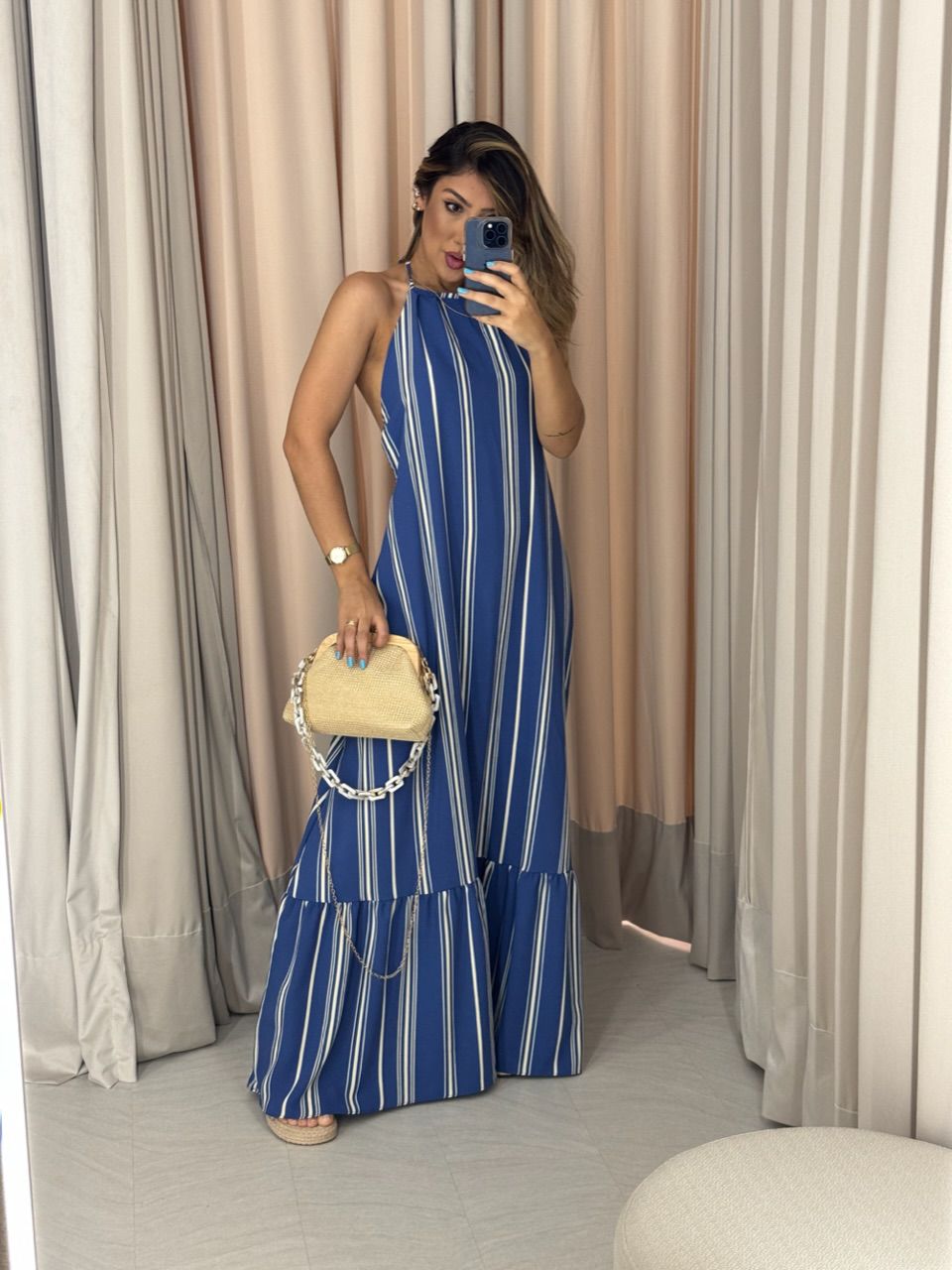 VESTIDO NANDA LISTRA FRENTE ÚNICA AZUL