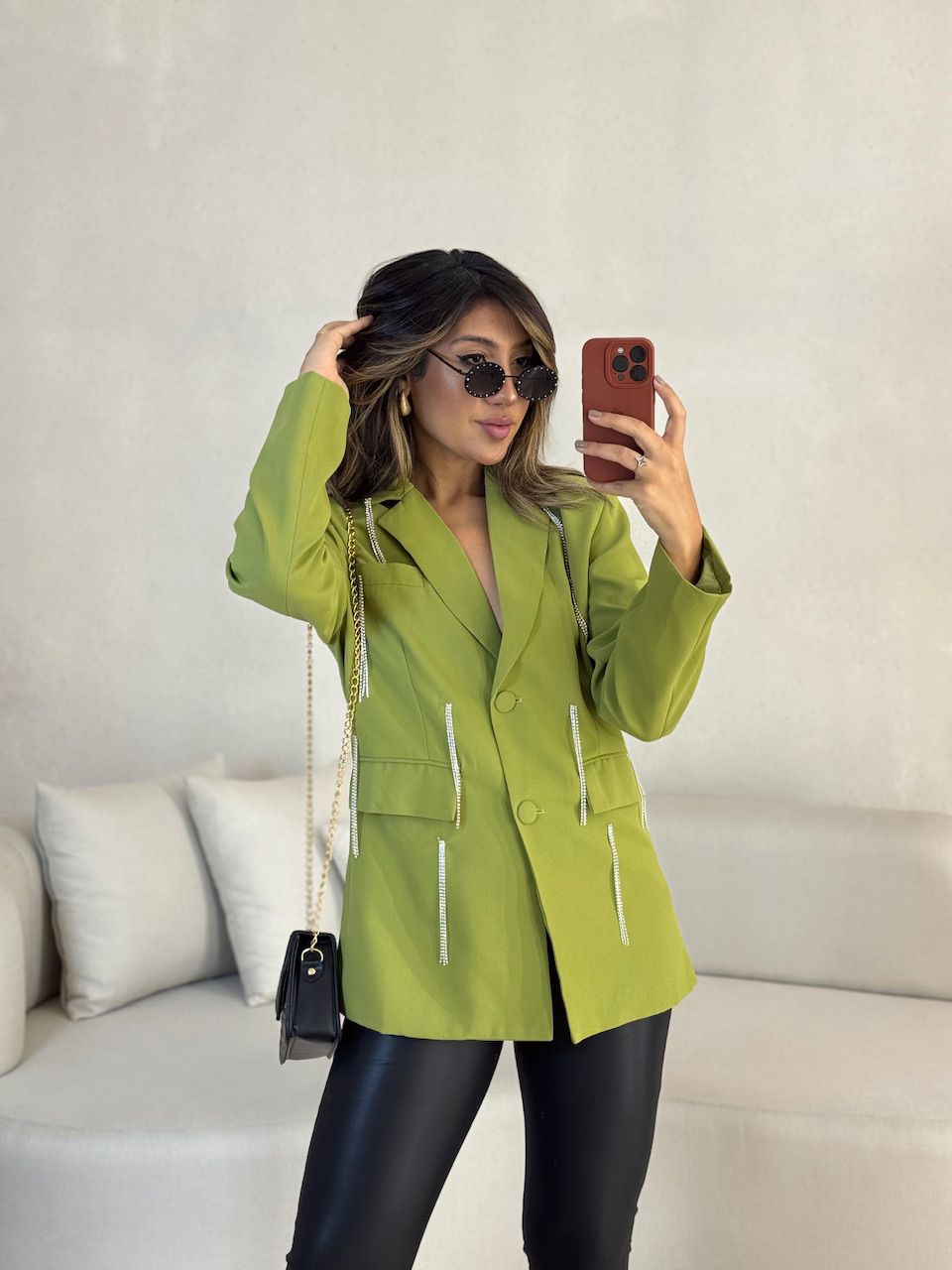 BLAZER BEATRIZ STRASS VERDE OLIVA - 0052390008 - CAROLLA FERRARO
