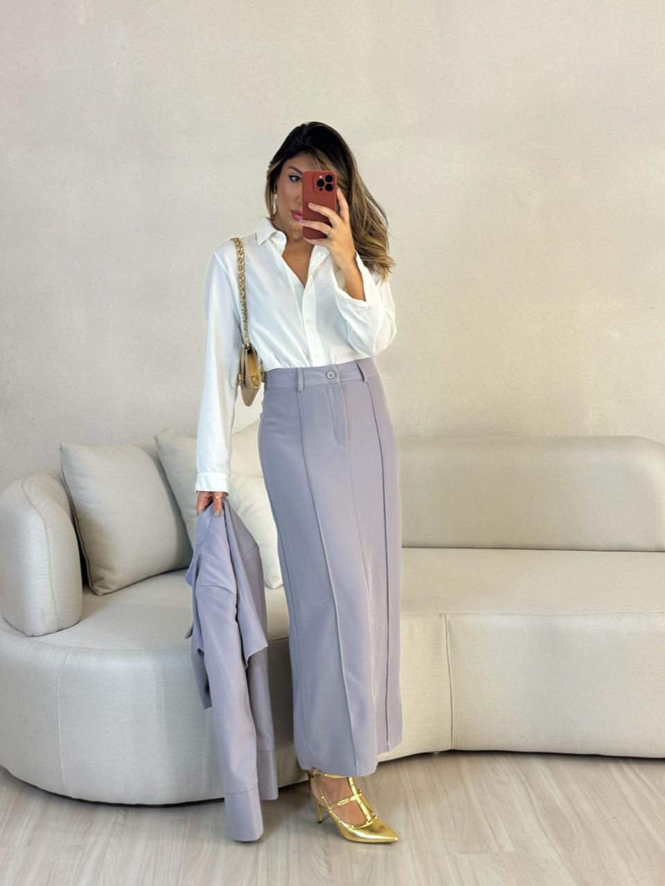 CONJUNTO TALITA JAQUETA SAIA LONGA CINZA