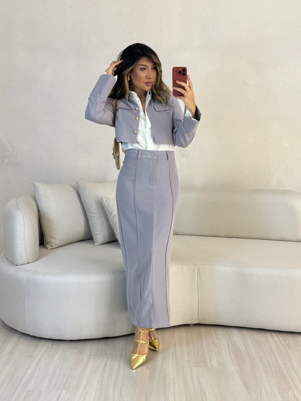 CONJUNTO TALITA JAQUETA SAIA LONGA CINZA