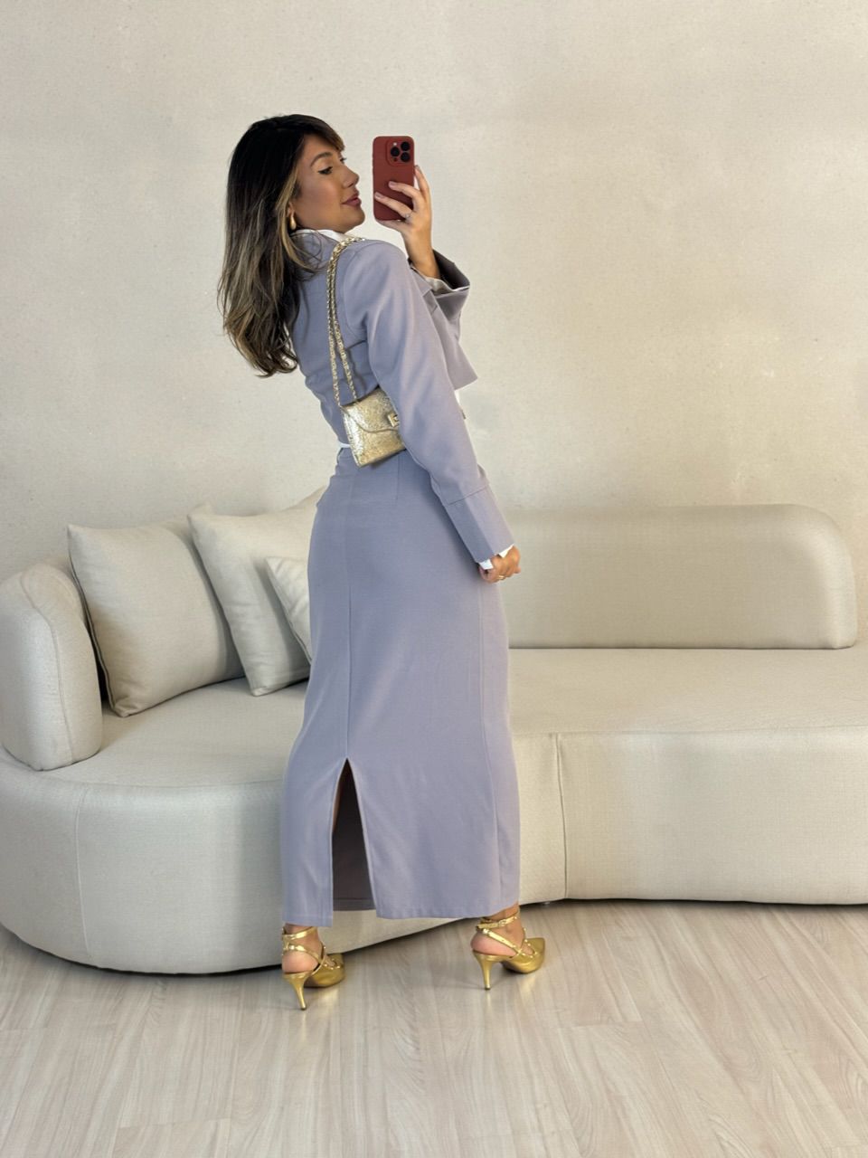 CONJUNTO TALITA JAQUETA SAIA LONGA CINZA