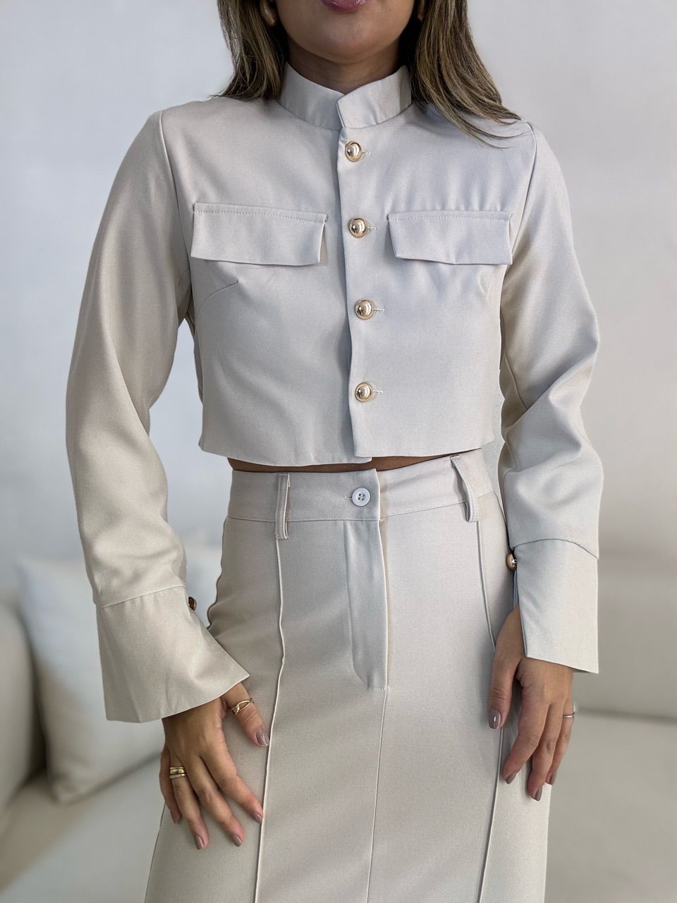 CONJUNTO TALITA JAQUETA SAIA LONGA MARFIM