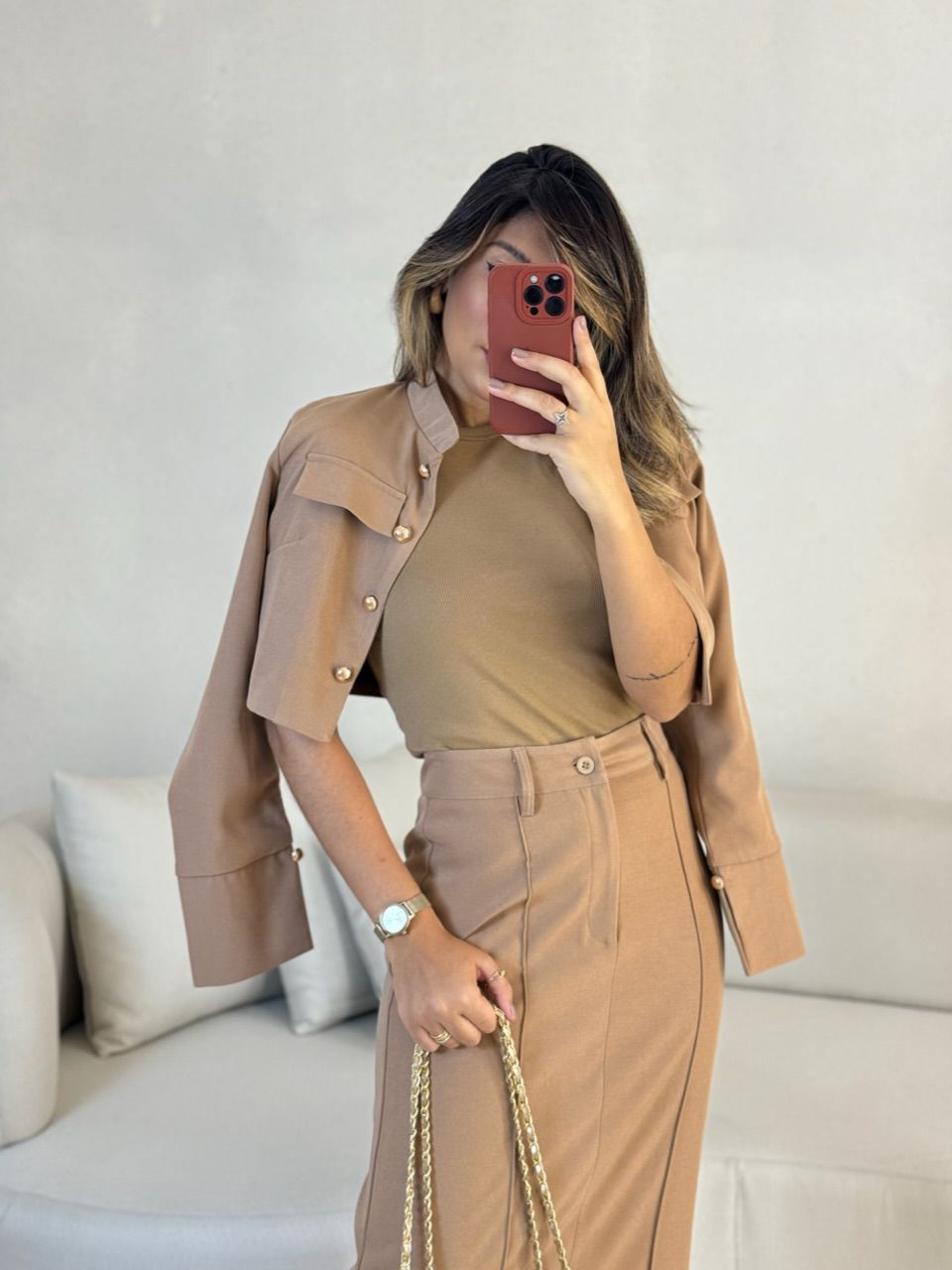 CONJUNTO TALITA JAQUETA SAIA LONGA NUDE