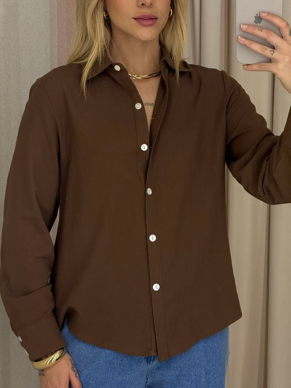 CAMISA LUNA BOTÃO PÉROLA MARROM