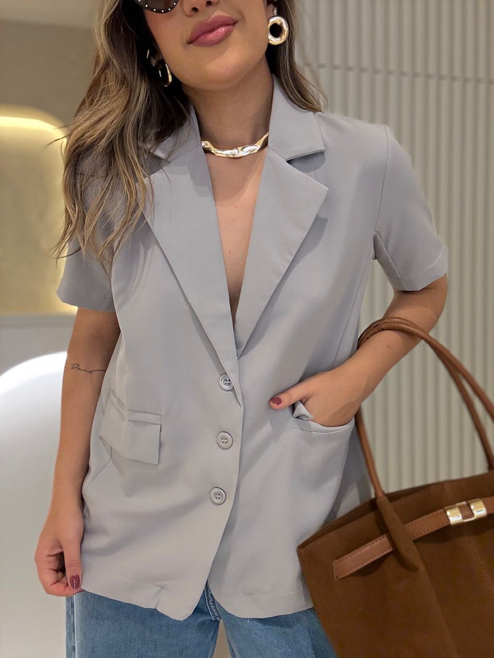 BLAZER EDINA MANGA CURTA CINZA