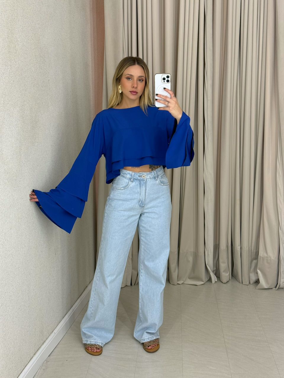 BLUSA JANAINA MANGA BABADO AZUL BIC
