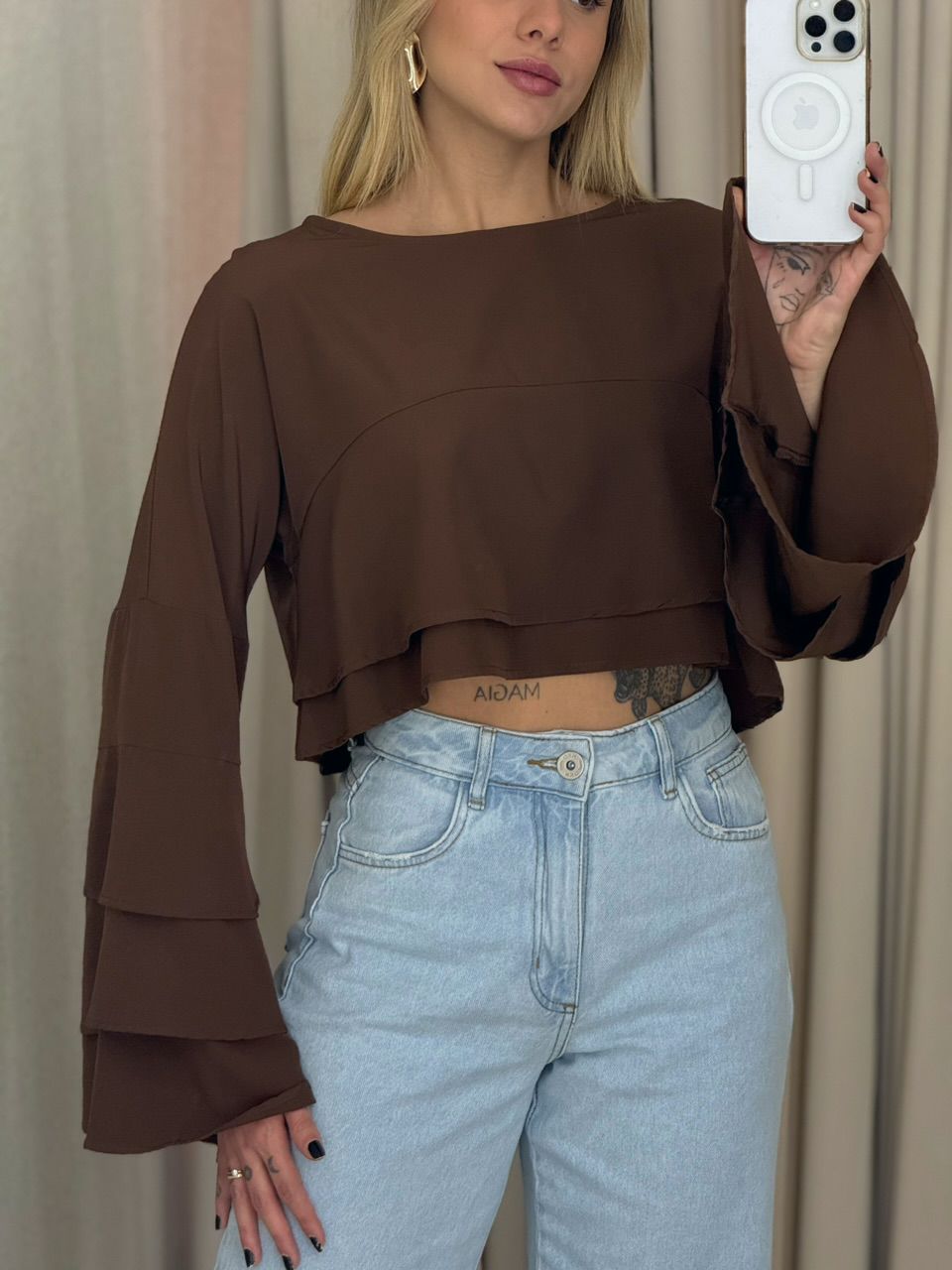 BLUSA JANAINA MANGA BABADO MARROM