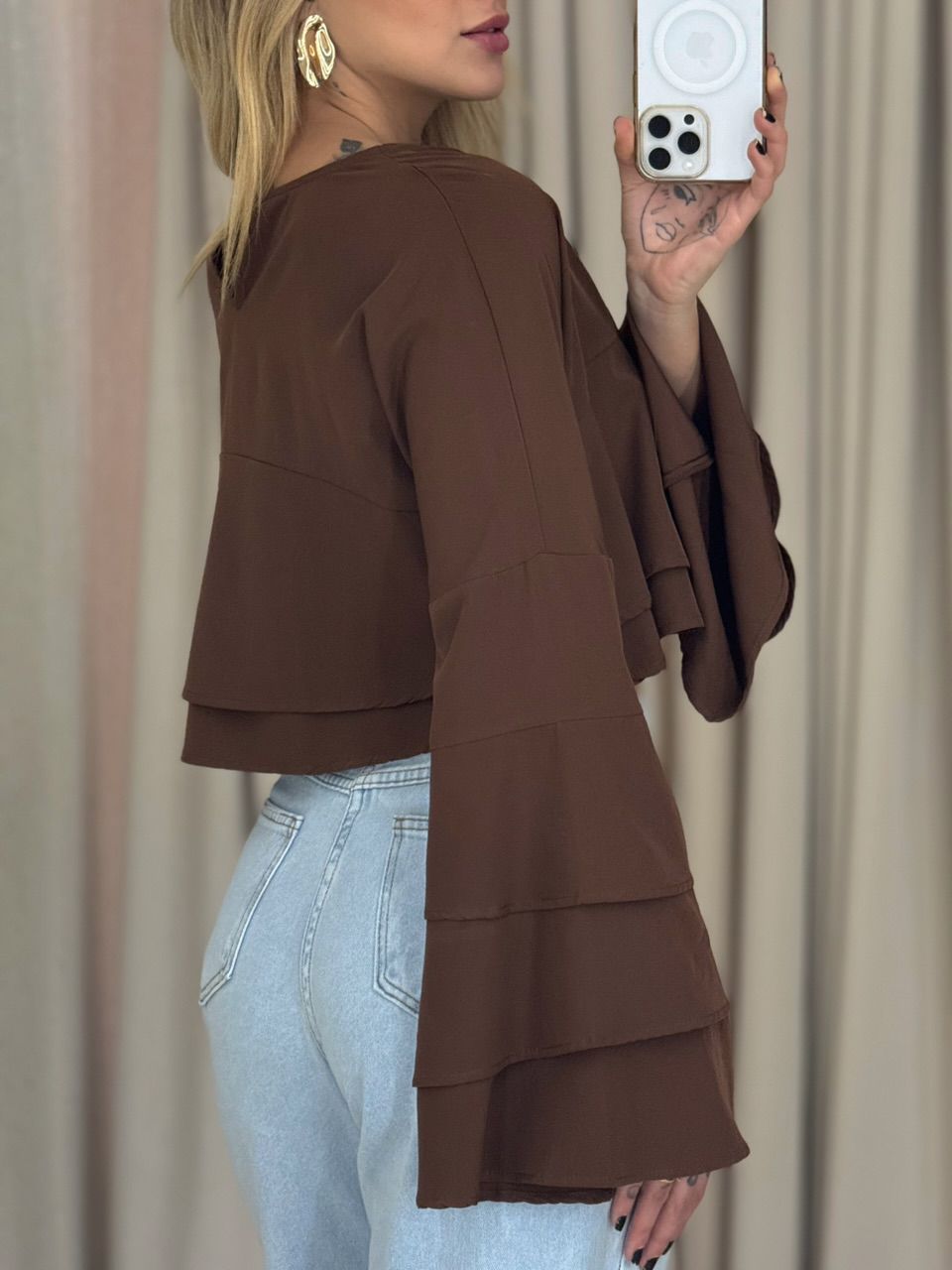 BLUSA JANAINA MANGA BABADO MARROM