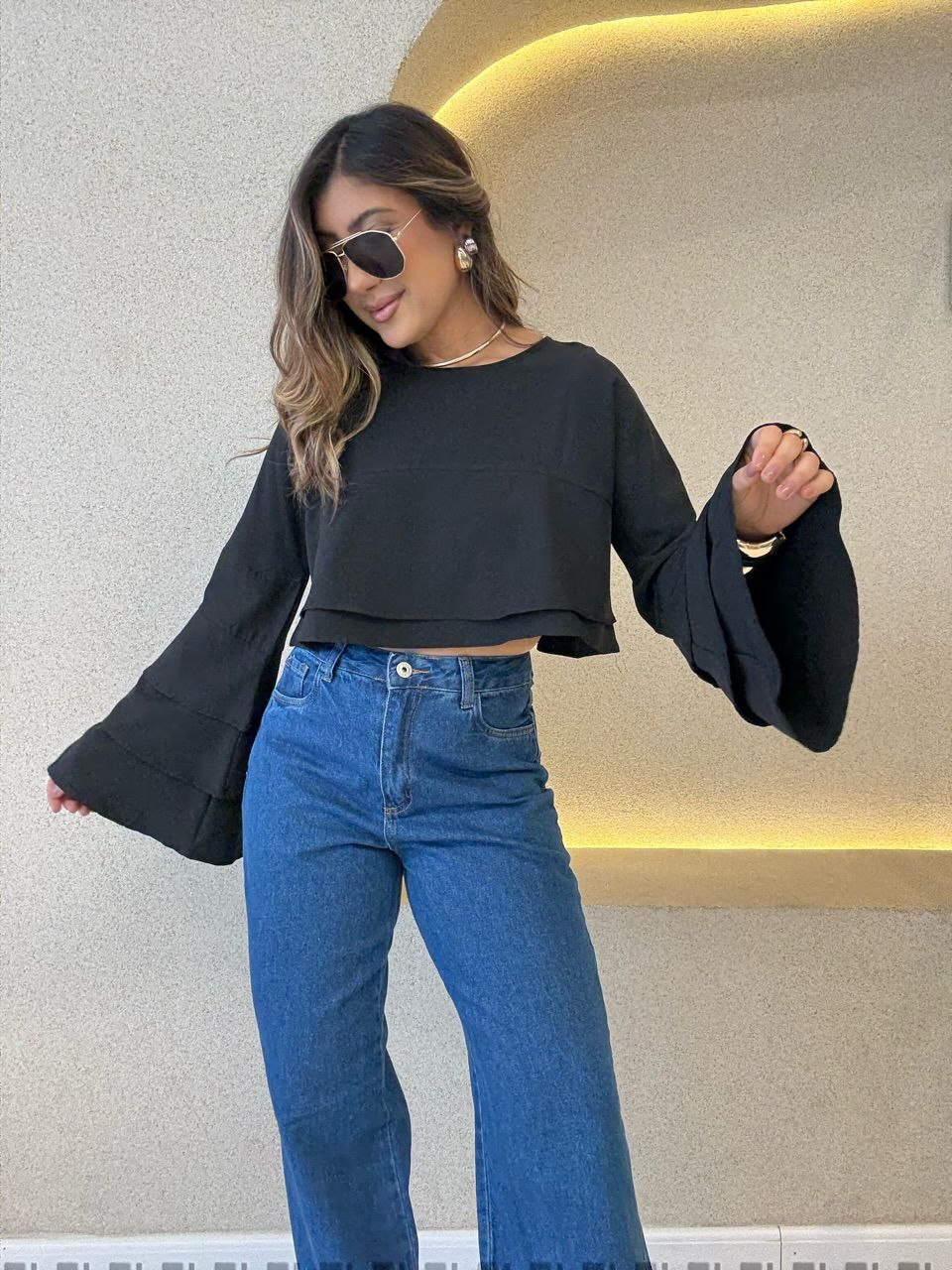 BLUSA JANAINA MANGA BABADO PRETA